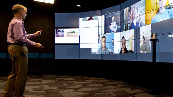 A Georgia State learning space with digital screens